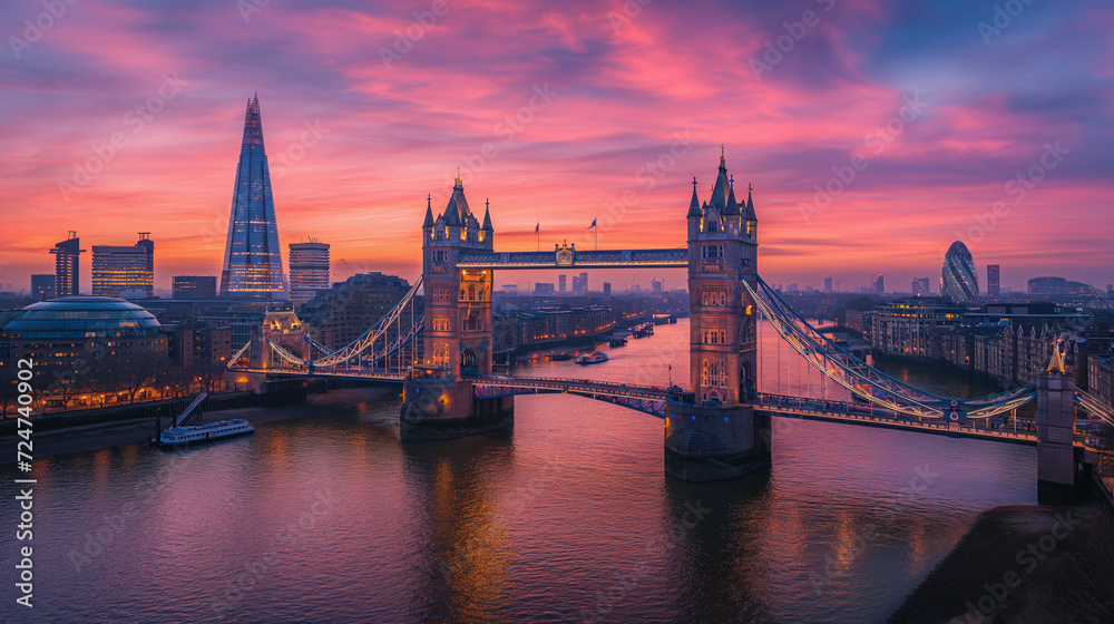 Naklejka premium London's Sunset Splendor: Tower Bridge and The Shard in a Mesmerizing Dusk Panorama