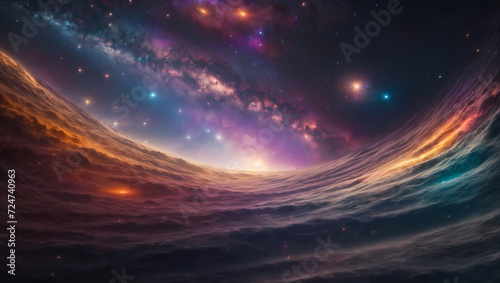 Epic interstellar journey background with swirling galaxies and colorful streaks of light racing towards a cosmic event horizon. Hyperspace adventure in the depths of space.