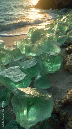 A vivid cluster of green crystals, each facet catching the light, nestled in sand