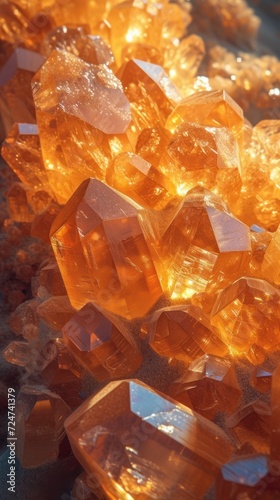 Translucent orange crystals shine with a warm, sunset glow, creating a radiant display