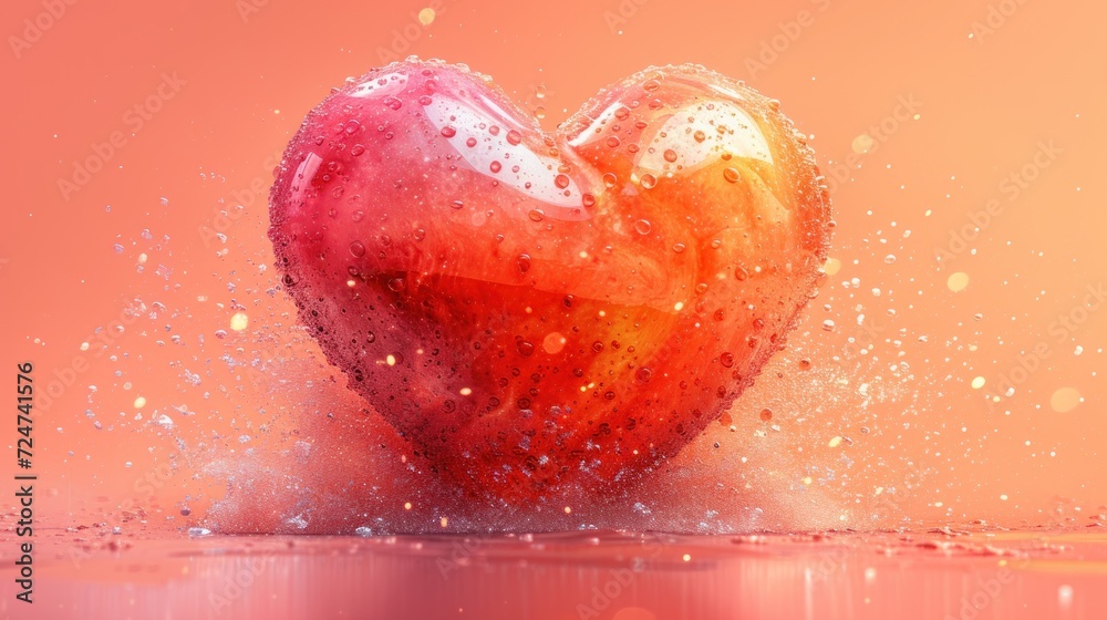  an apple in the shape of a heart splashing with water on a pink and orange background with a splash of water on top of the apple and bottom of the image.