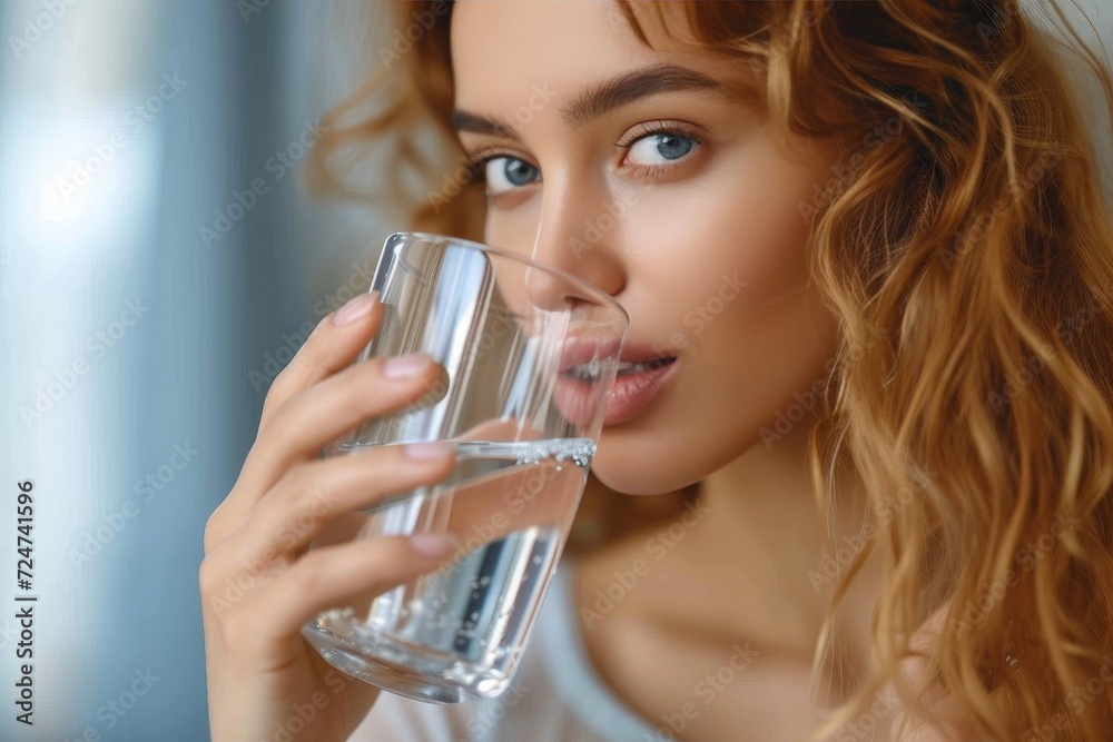A serene woman quenches her thirst with a refreshing glass of water, her long hair cascading over her face as she takes a moment to connect with nature indoors A serene woman quenches her thirst with a refreshing glass of water, her long hair cascading over her face as she takes a moment to connect with nature indoors