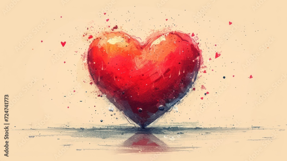  a painting of a red heart sitting on top of a body of water with a splash of water on the side of the heart and a light yellow wall behind it.