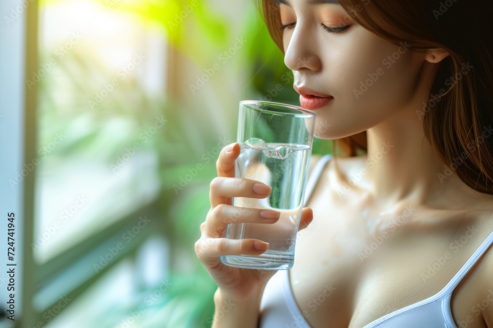 Close-up, Young woman drinking water, Woman enjoying a refreshing beverage at home Close-up, Young woman drinking water, Woman enjoying a refreshing beverage at home