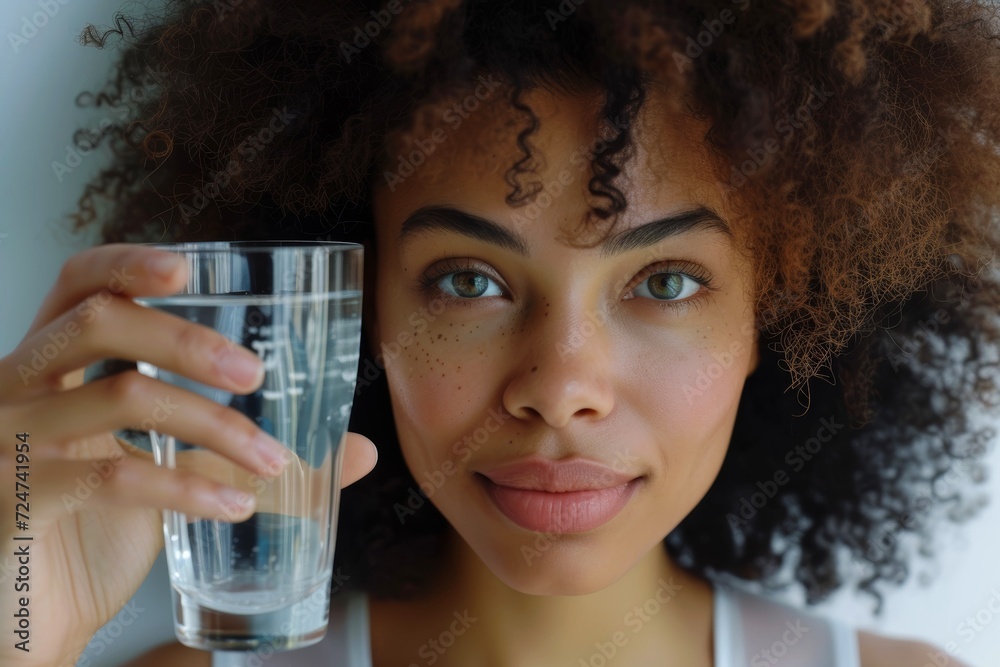 Close-up, Young woman drinking water, Woman enjoying a refreshing beverage at home Close-up, Young woman drinking water, Woman enjoying a refreshing beverage at home