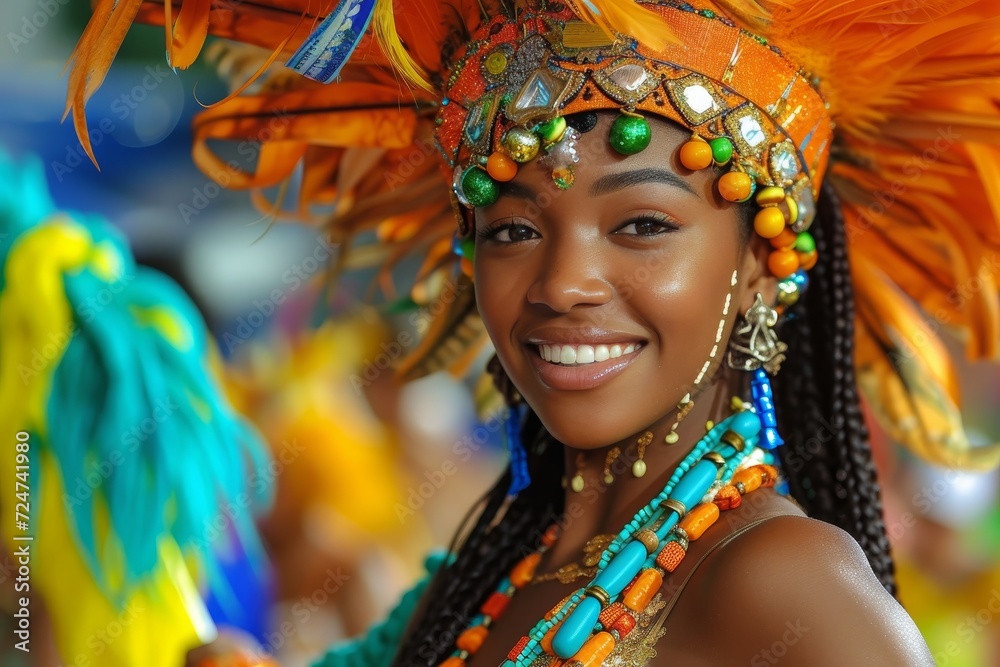 A vibrant woman with a bright smile and adorned in a colorful headdress and garment dances in the lively streets of a carnival, embodying the spirit of mardi gras and the essence of a showgirl at a s A vibrant woman with a bright smile and adorned in a colorful headdress and garment dances in the lively streets of a carnival, embodying the spirit of mardi gras and the essence of a showgirl at a s