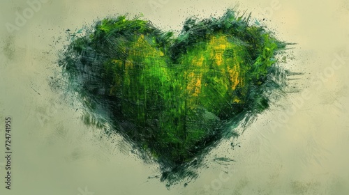  a painting of a green heart shaped like a tree in the middle of a field with yellow and green leaves in the middle of the shape of a green heart.