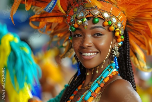 A vibrant woman with a bright smile and adorned in a colorful headdress and garment dances in the lively streets of a carnival, embodying the spirit of mardi gras and the essence of a showgirl at a s