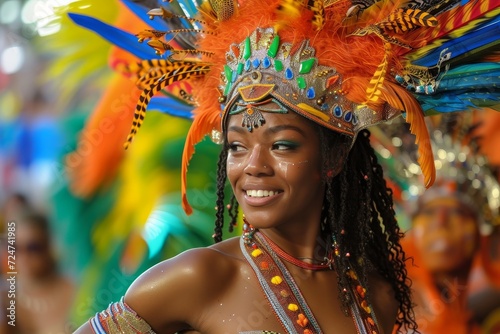 A beaming showgirl adorned in a vibrant carnival costume dances with traditional samba flair at an outdoor mardi gras festival, showcasing the joy and beauty of human expression through fashion and t