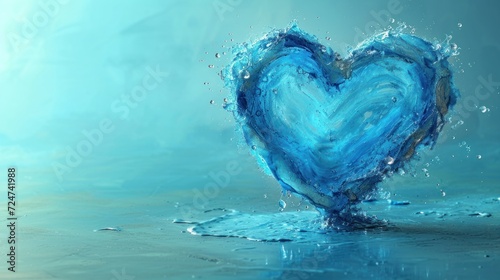 a blue heart shaped object floating on top of a body of water with a splash of water on the bottom and bottom of the heart, with a light blue background.