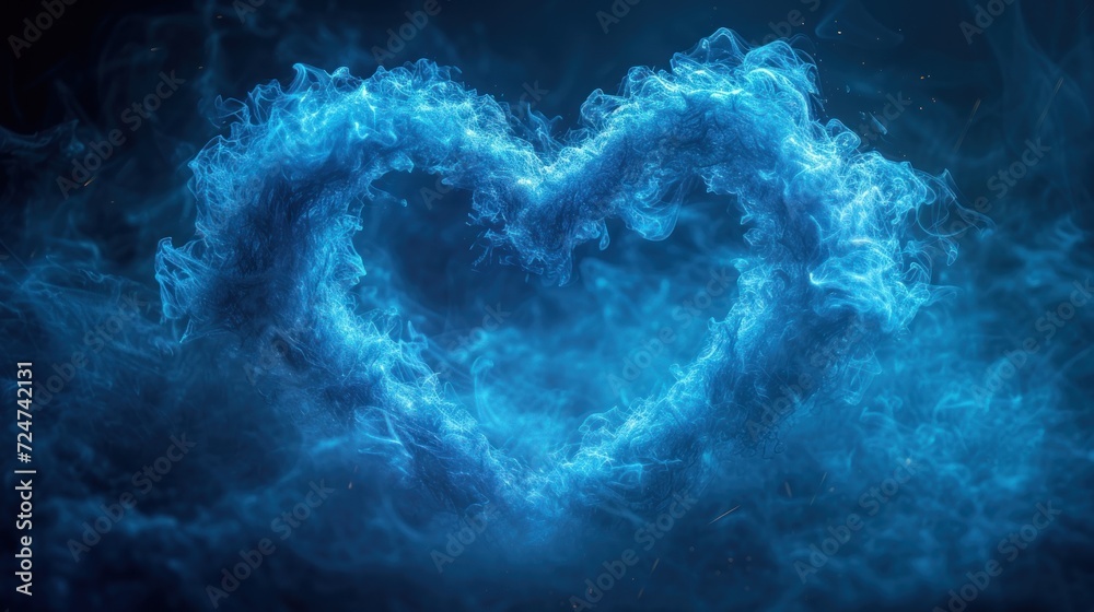 a blue heart shaped object in the middle of a cloud of blue smoke and ...