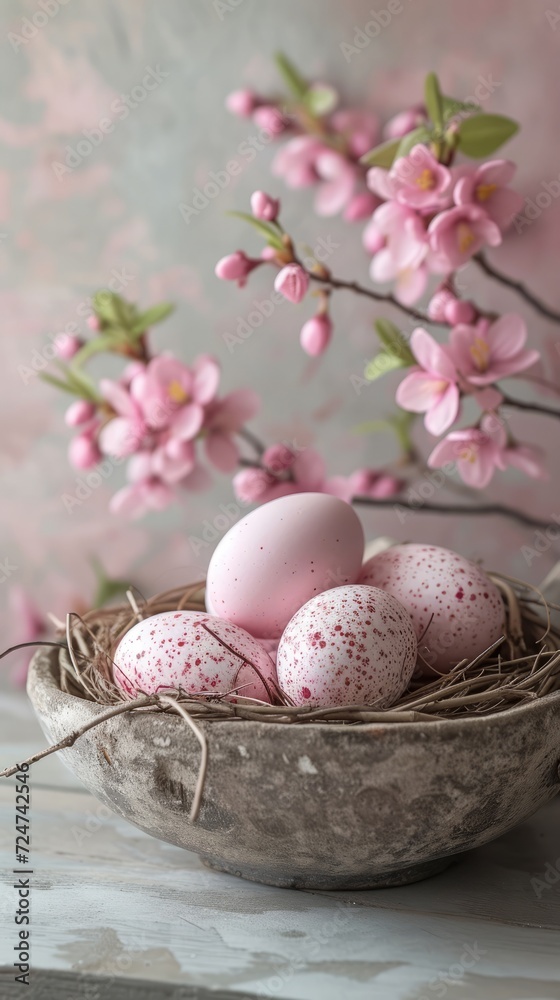 Pink easter eggs in bird nest at table with natural material background