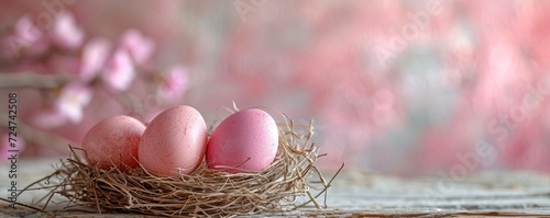 Pink easter eggs in bird nest at table with natural material background photo