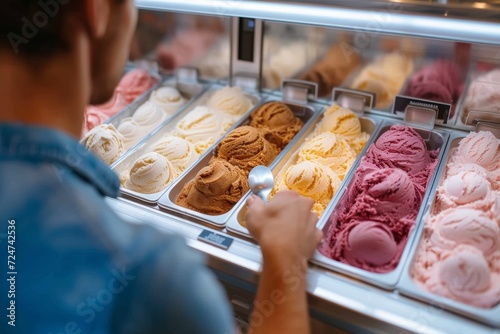 Amidst the aroma of freshly baked pastries, a person indulges in a frozen dairy delight at an indoor gelato shop, savoring every bite of their chosen flavor among the colorful array of options photo