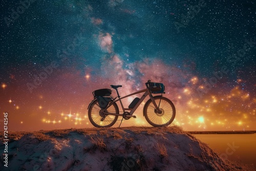 A lone bicycle stands atop a snowy hill, its wheel glistening in the starry night sky as it waits to be taken on a daring journey through the wintry wonderland © Pinklife