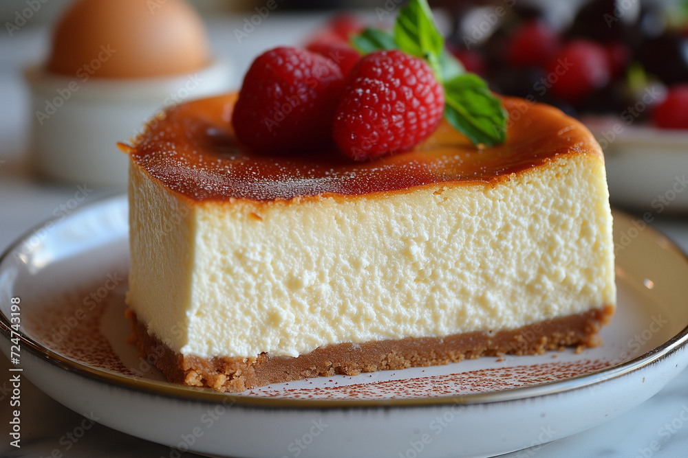cheesecake with berries and mint with icing sugar