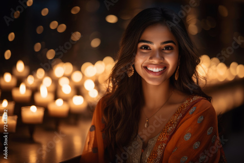 Portrait of a smiling young Indian ethnic female standing against a illuminated festival background