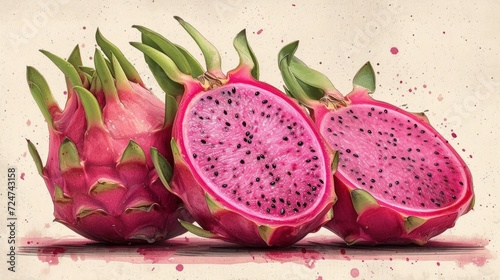  a painting of a dragon fruit cut in half on a white background with a pink spot on the bottom of the image and a green leaf on the top of the fruit.