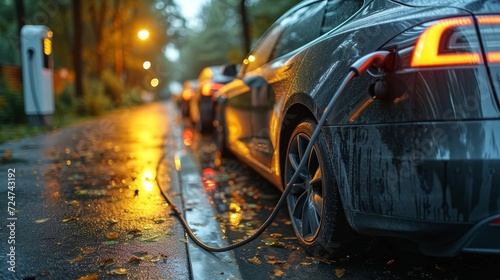 A cable pump is connected to the charging station and plugs into the electric vehicle with a modern UI control panel and digital info display. A car fueling station is connected to the power cable and