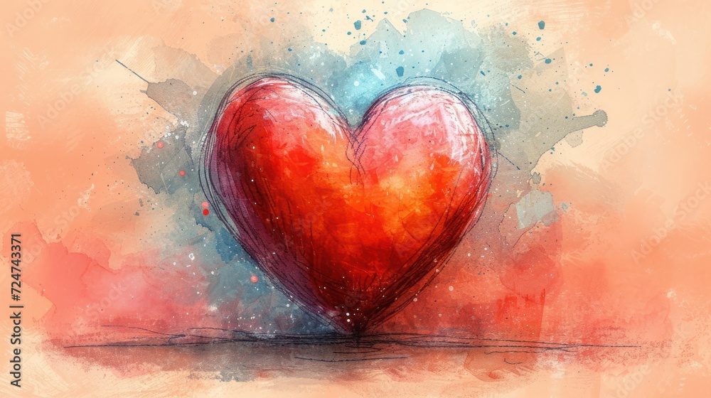 a painting of a red heart sitting on top of a table next to a watercolor painting of a red heart on a pink and orange background with blue spots. a painting of a red heart sitting on top of a table next to a watercolor painting of a red heart on a pink and orange background with blue spots.