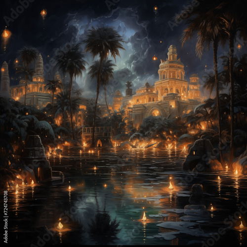 ancient secret city, night view, painting