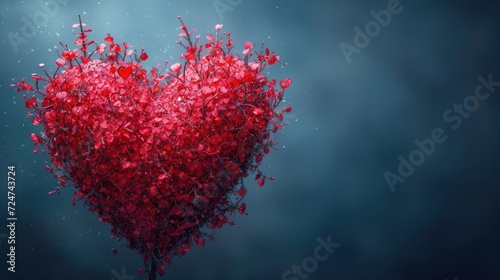 a heart - shaped arrangement of small red flowers on a dark blue background with a blurry backgroud of small red flowers in the shape of a heart.