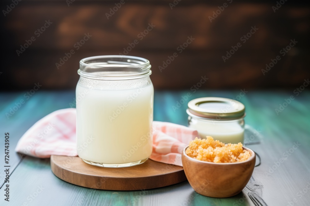 a jar of kefir grains next to a glass of kefir a jar of kefir grains next to a glass of kefir