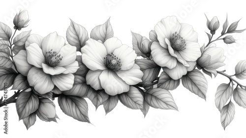  a black and white drawing of flowers on a branch with leaves and buds on a branch with leaves and buds on a branch with leaves and buds on a white background.