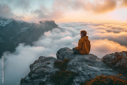 A solitary figure finds peace and clarity in the midst of a breathtaking mountain landscape, as the rising sun illuminates the misty clouds above