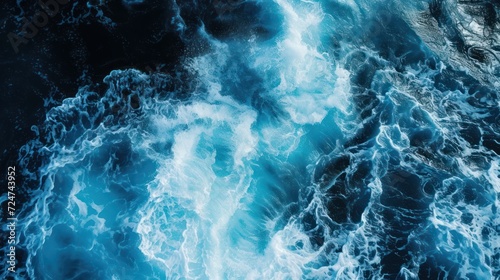 Aerial view of deep blue sea with frothy waves