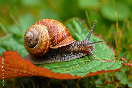 A delicate lymnaeidae snail gracefully glides atop a lush green leaf, its intricate shell a symbol of resilience in the vastness of the great outdoors