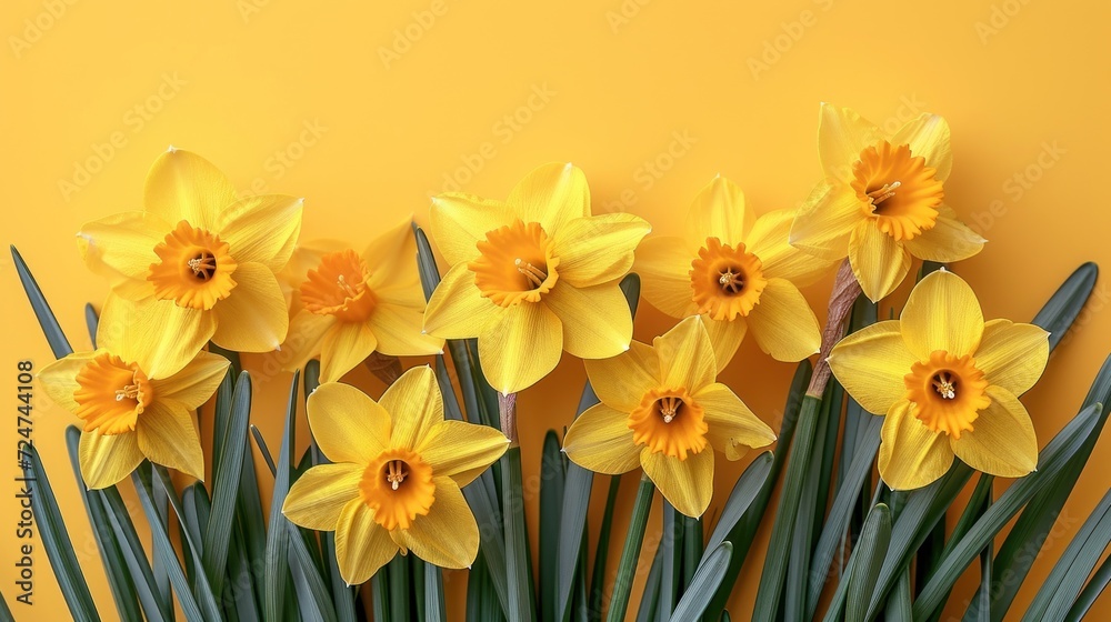 a bunch of yellow daffodils on a yellow background with some green stems in the foreground and a few yellow flowers in the middle of the picture. a bunch of yellow daffodils on a yellow background with some green stems in the foreground and a few yellow flowers in the middle of the picture.