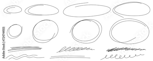 Highlight oval frames, hand drawn sketch underlines lines. Hand drawn scribble doodle circle set. Ovals and ellipses line template. Stock vector illustration isolated on white background.