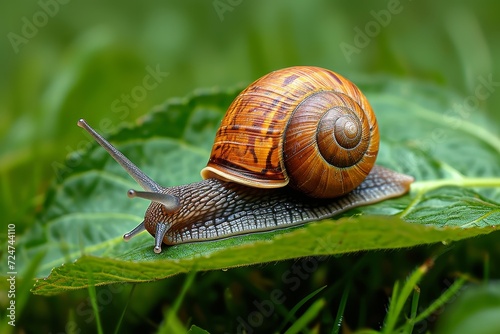 A tiny lymnaeidae snail gracefully perches on a lush green leaf, basking in the warm rays of the sun in its natural grassy habitat