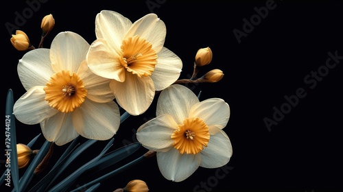  a close up of a bunch of flowers on a black background with a black background and a white and yellow flower in the middle of the picture with yellow petals.