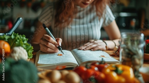 Woman making shopping list for groceries on a notebook to plan a meal for, Budget planning, Making shopping list and managing household expenses. Generative AI.