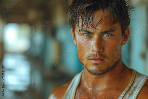 close up portrait man with blue eyes sweating in a tank top