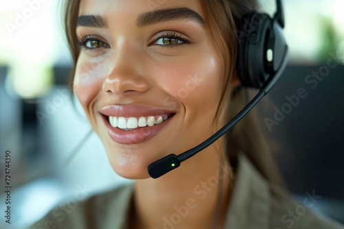 A cheerful woman donning a headset radiates positivity as she uses her earphones to communicate through the telephone indoors