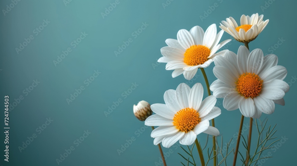 a group of white flowers with yellow centers on a blue background with a bee on the center of the flower and a bee in the middle of the petals on the top of the flower. a group of white flowers with yellow centers on a blue background with a bee on the center of the flower and a bee in the middle of the petals on the top of the flower.