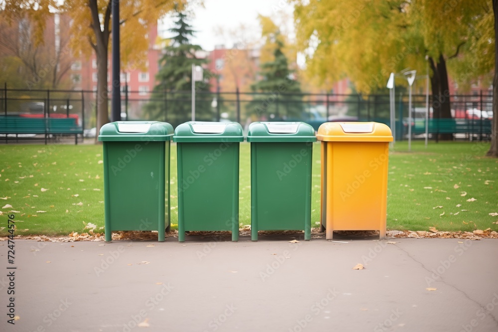 row of newly installed plastic garbage bins in a park row of newly installed plastic garbage bins in a park