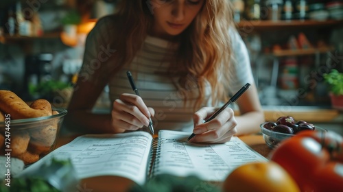 Woman making shopping list for groceries on a notebook to plan a meal for, Budget planning, Making shopping list and managing household expenses. Generative AI.