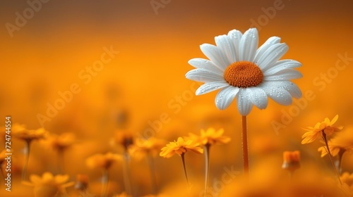  a close up of a daisy in a field of yellow flowers with water droplets on the petals and the center of the flower in the center of the picture is a single flower.