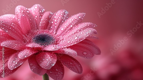  a close up of a pink flower with drops of water on it and a pink background with a black center and a black center in the center of the center of the flower.
