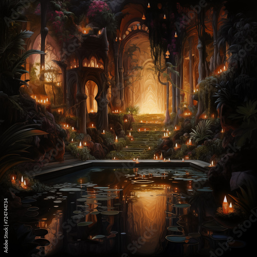 ancient secret city, night view, painting