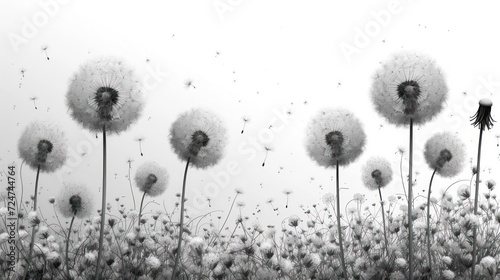  a black and white photo of a field of dandelions with a black and white photo of a woman in the middle of the dandelions of the dandelions.