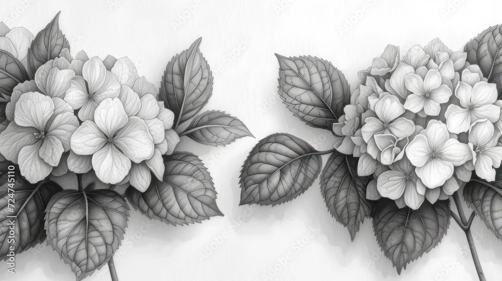  two black and white drawings of flowers and leaves on a white background, one of which is black and white, and the other of which is black and white.
