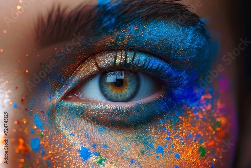 An intricately detailed closeup of a mesmerizing eye, adorned with fluttering eyelashes, vibrant eyeshadow, and defined by the colorful iris - a striking reflection of the organ's beauty and depth photo