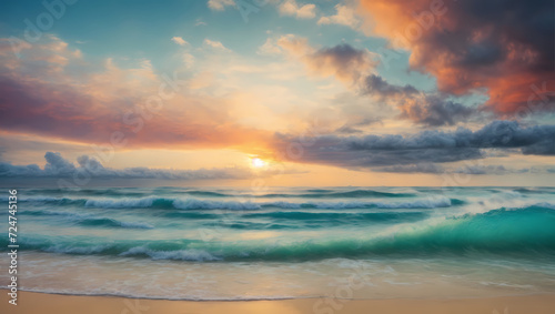 Seaside Symphony A panoramic seascape of a tropical beach, capturing the symphony of colors as the sky and sea dance together in perfect harmony.