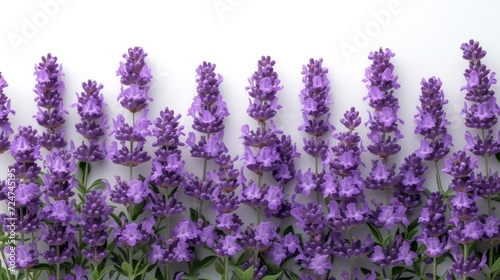  a bunch of purple flowers are in front of a white wall and a white wall behind them is a row of purple flowers in the foreground, with green leaves in the foreground.