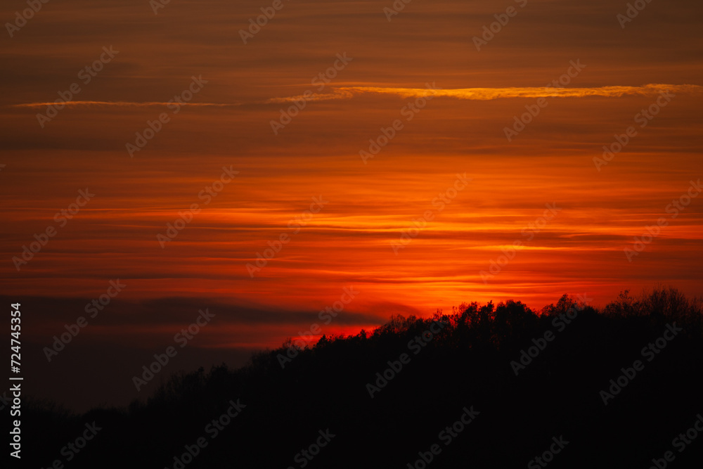 Obraz premium Orange solar disk seen above the forest. Wonderful sunset at the end of day